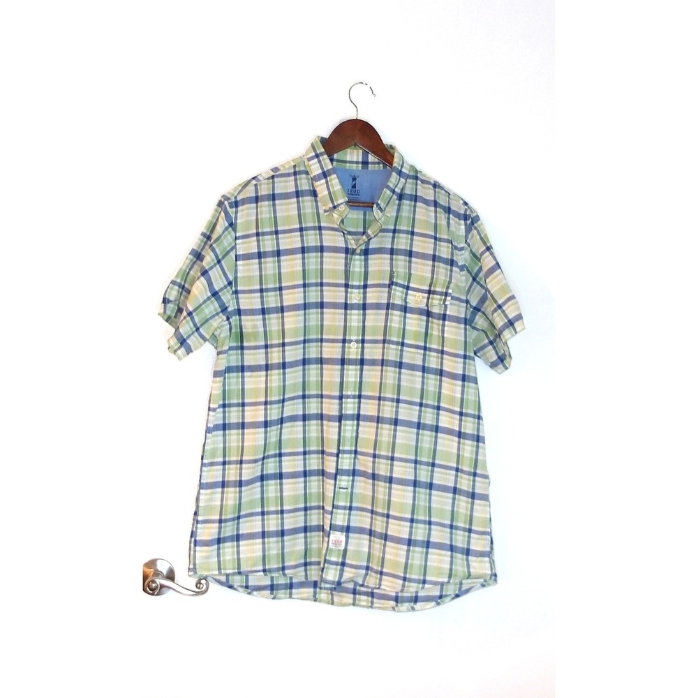 IZOD Plaid Button Down Seaside Poplin Shirt Mens Blue Green Size L /#5148